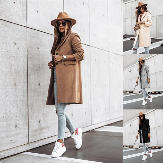 Autumn And Winter Simplicity Long Sleeve Button Woolen Coat